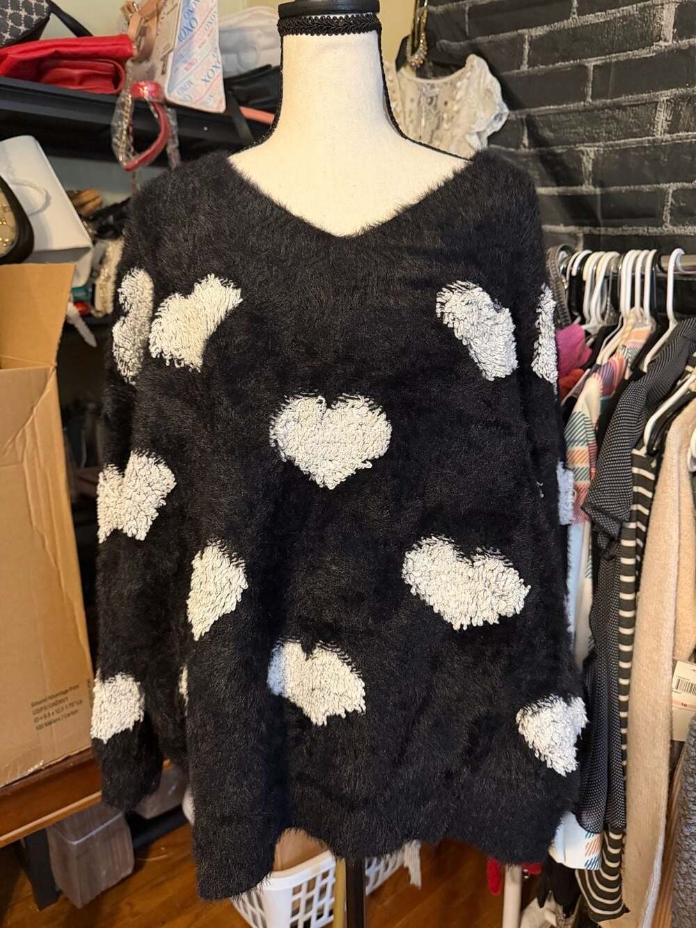 Easel Heart Sweater Size M Black White Fuzzy V-Neck